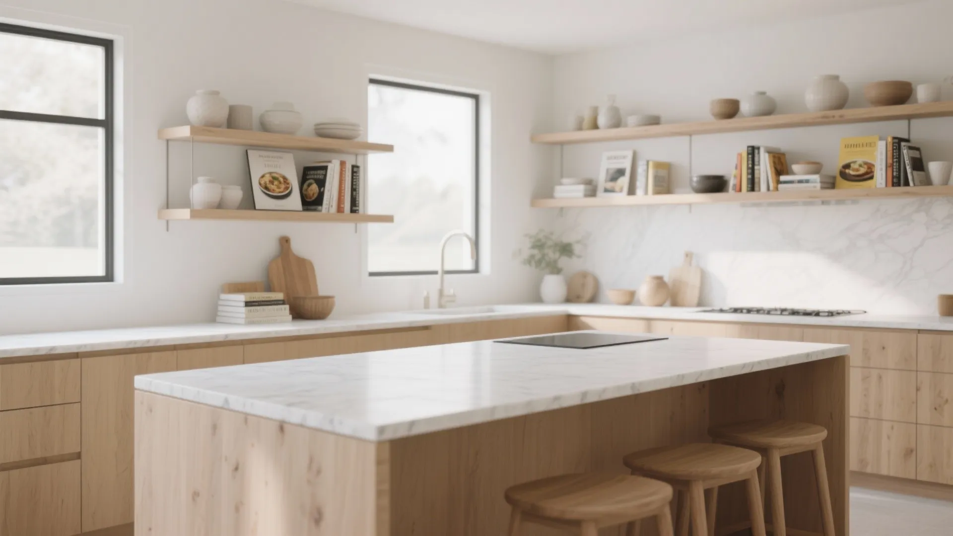 Minimalist wooden kitchen with marble island stools open wall shelves windows and white marble back wall
