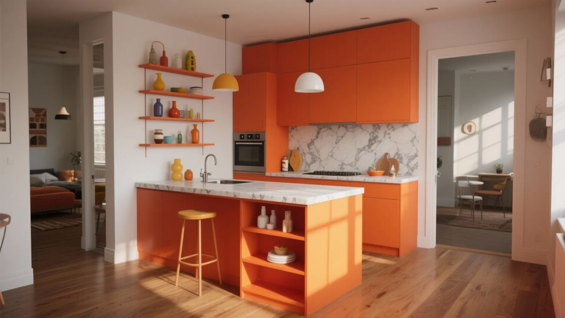 Bright orange kitchen island with open shelves marble top and matching orange cabinets in modern home