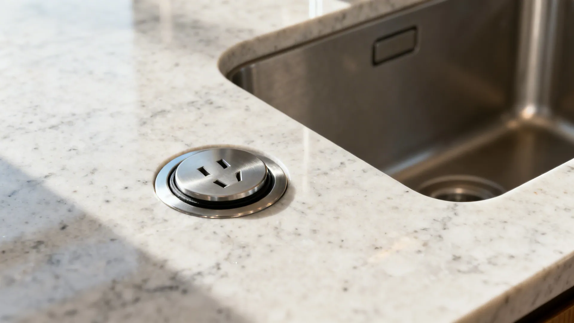 Macro of a brushed metal pop-up outlet on a quartz island near a small prep sink.