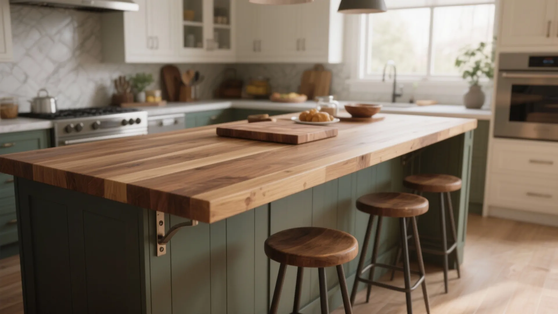 2) Extend butcher block to create a multi-use island or breakfast bar