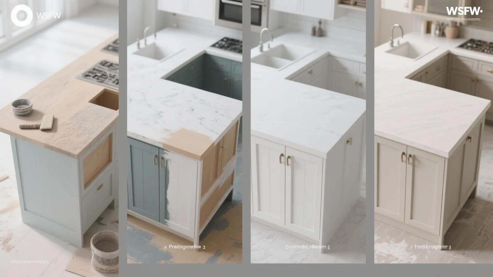 Four stages showing sanding and painting a kitchen island with white and light beige finishes