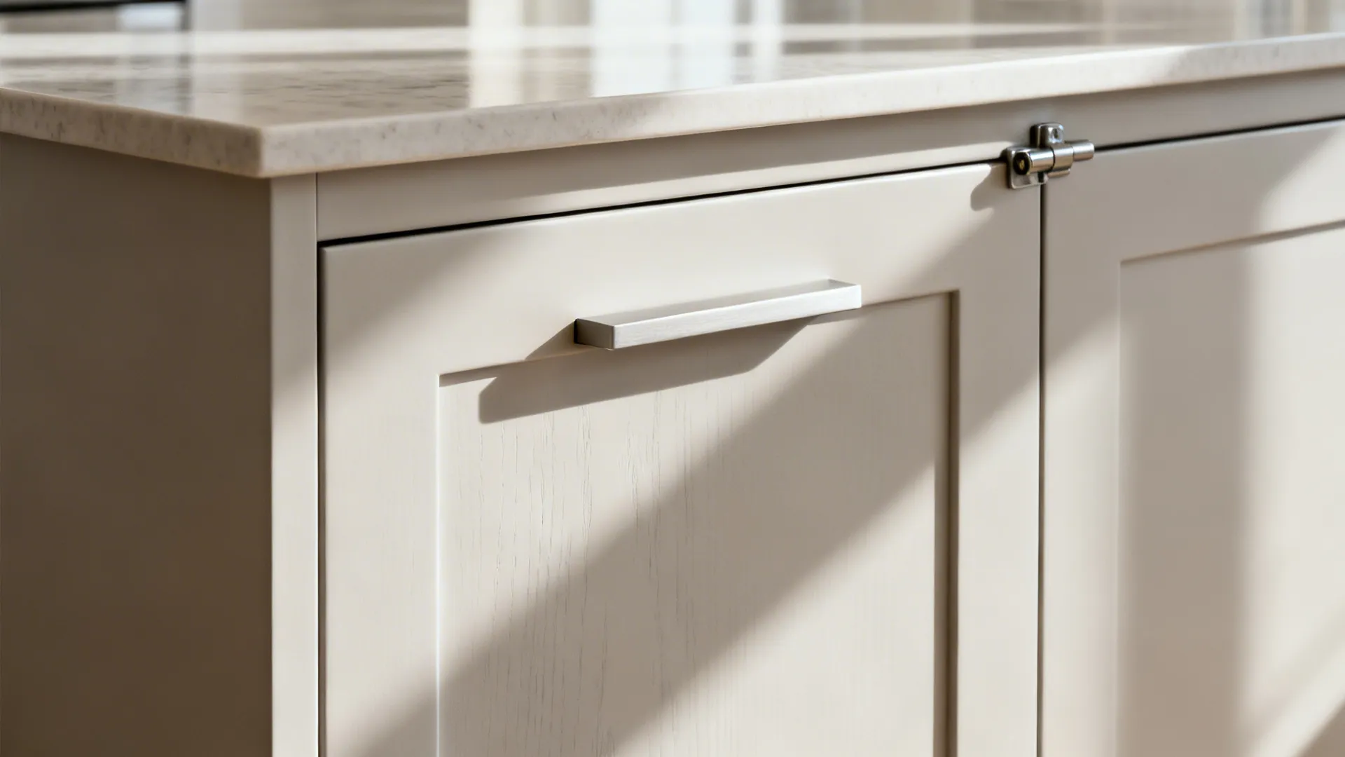 Close-up of matte island panel with integrated pull and soft-close hinge in soft daylight.
