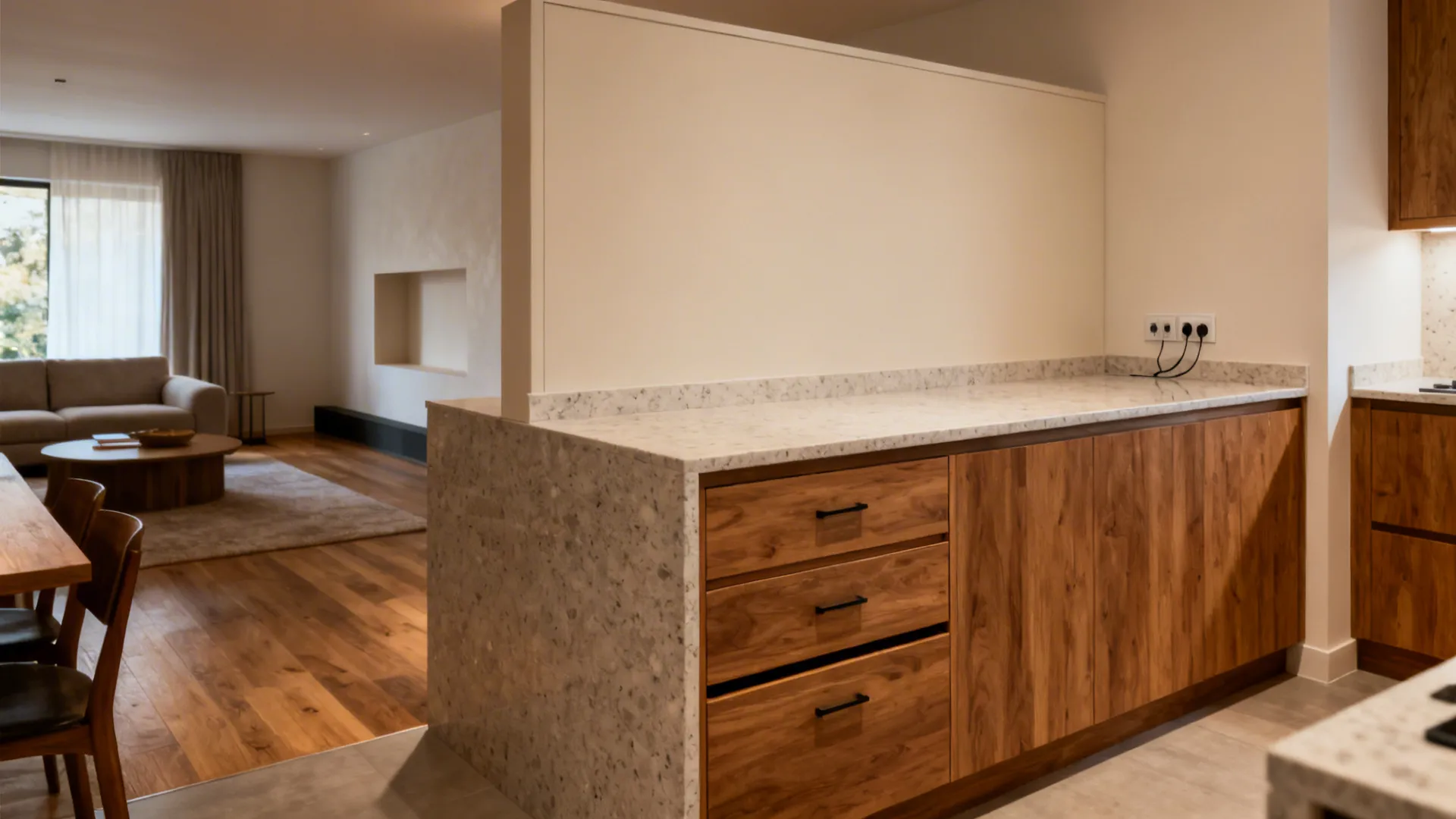 Counter-height island with storage and a clean back panel separates kitchen and living room.