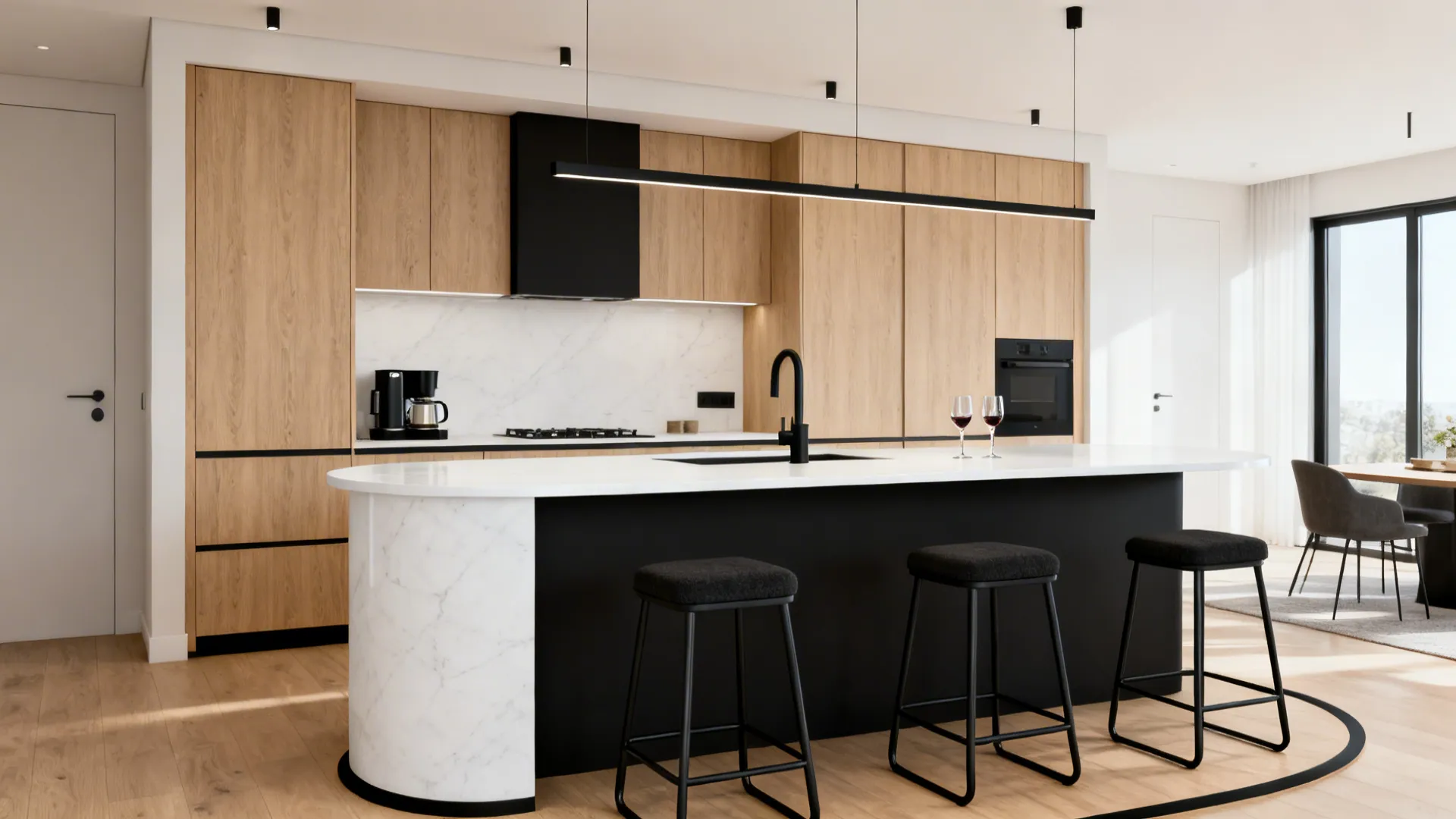 Modern kitchen peninsula with seating for three, rounded corner, and bright neutral finishes.