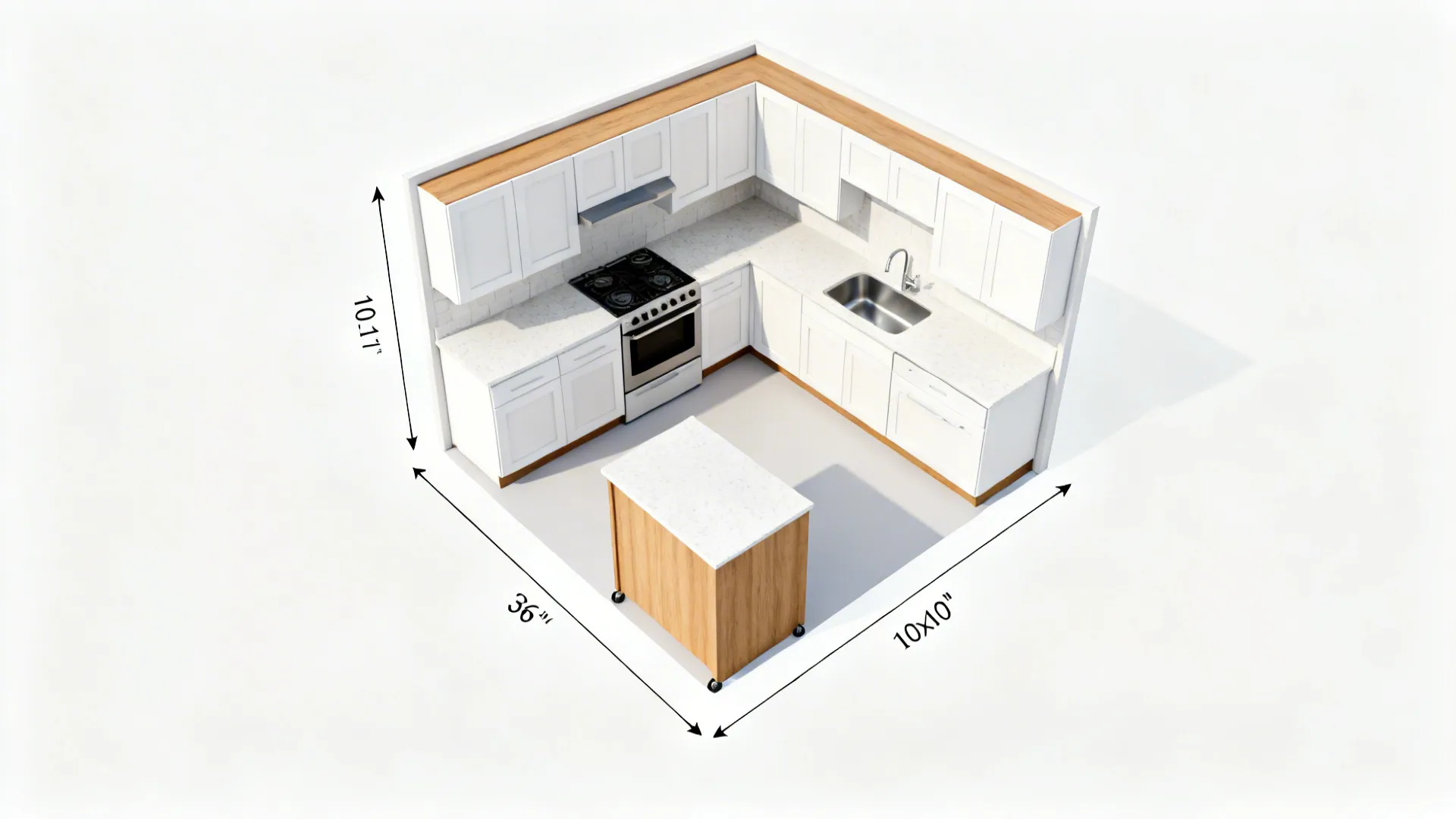 Top-down plan of a 10x10 kitchen showing clearances around a slim island and a peninsula option.