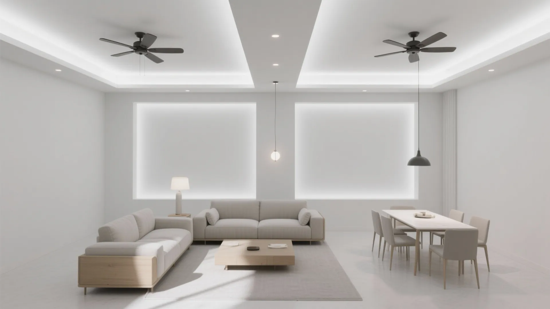 4) Floating ceiling islands over functional zones