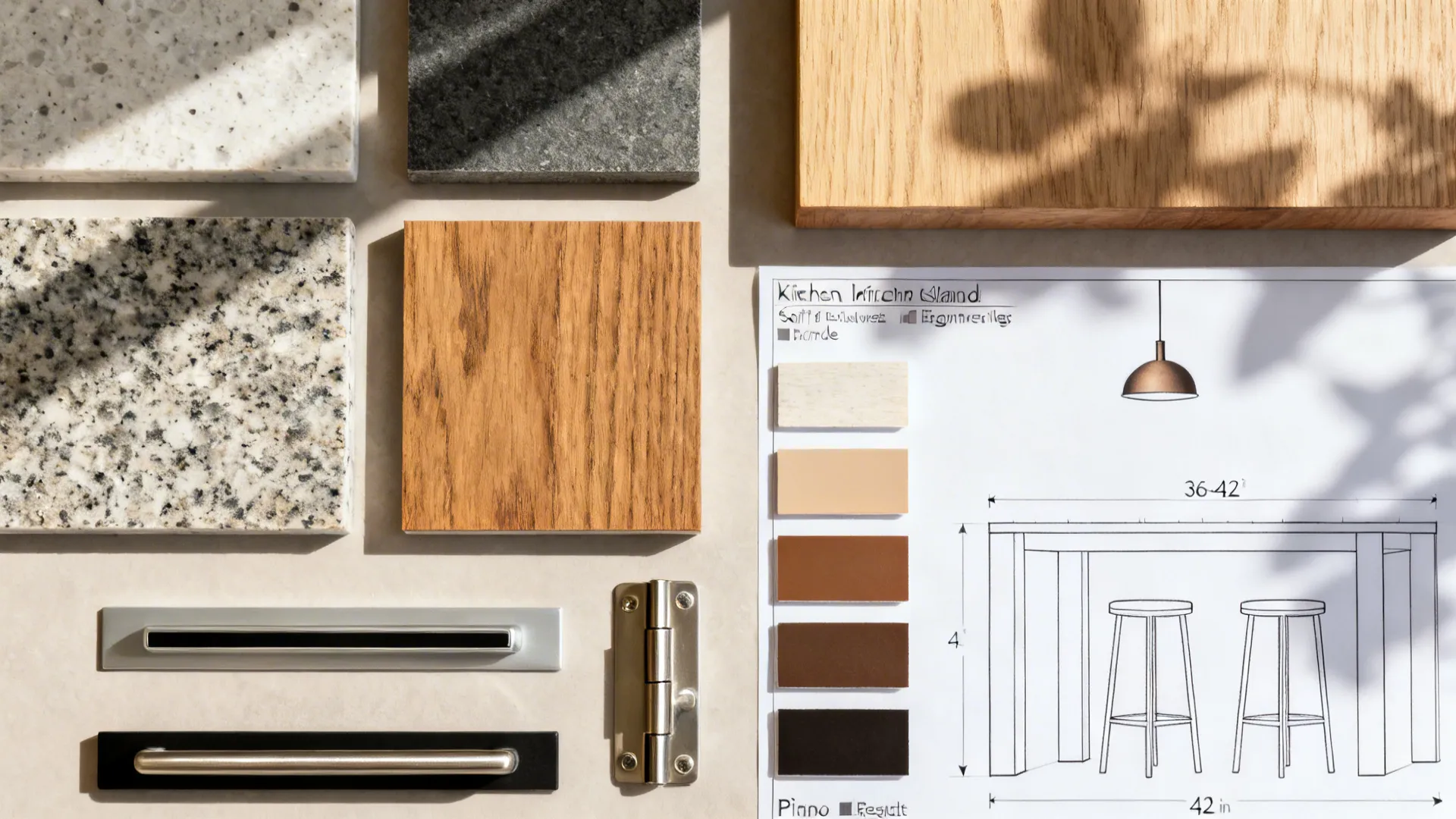 Flat lay of quartz and wood samples, hardware, and a scaled plan for small kitchen island clearances.