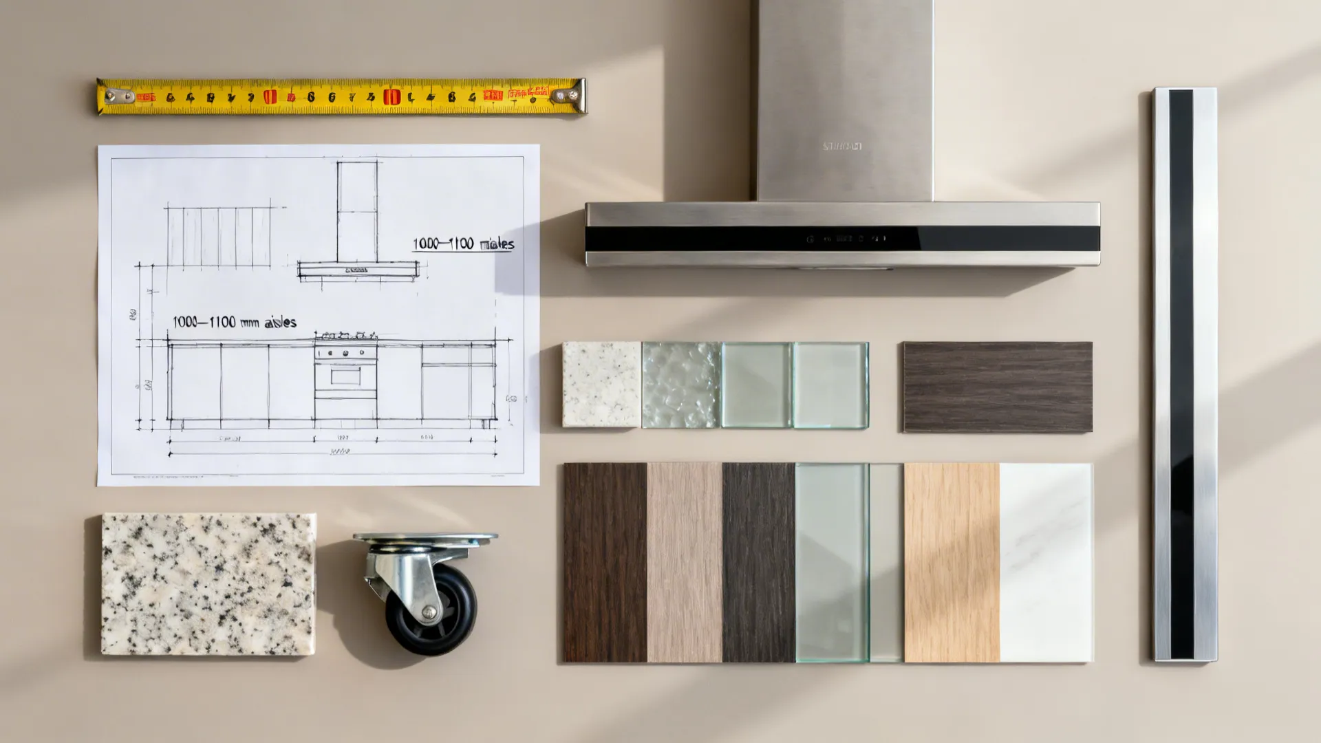 Flat lay of island planning tools with finish samples and layout sketch showing clearances.