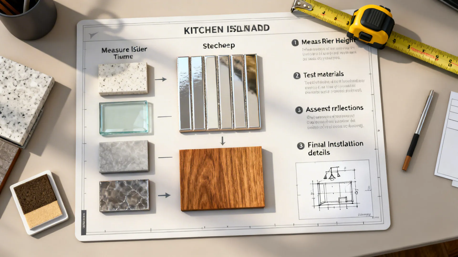 Top-down planning board with samples and tools for selecting an island backsplash.