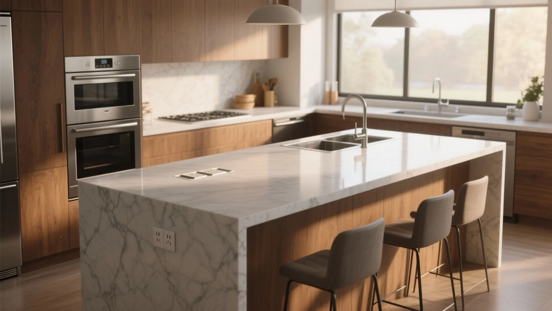 Modern kitchen with marble island wooden cabinets grey stools double oven sink and natural light