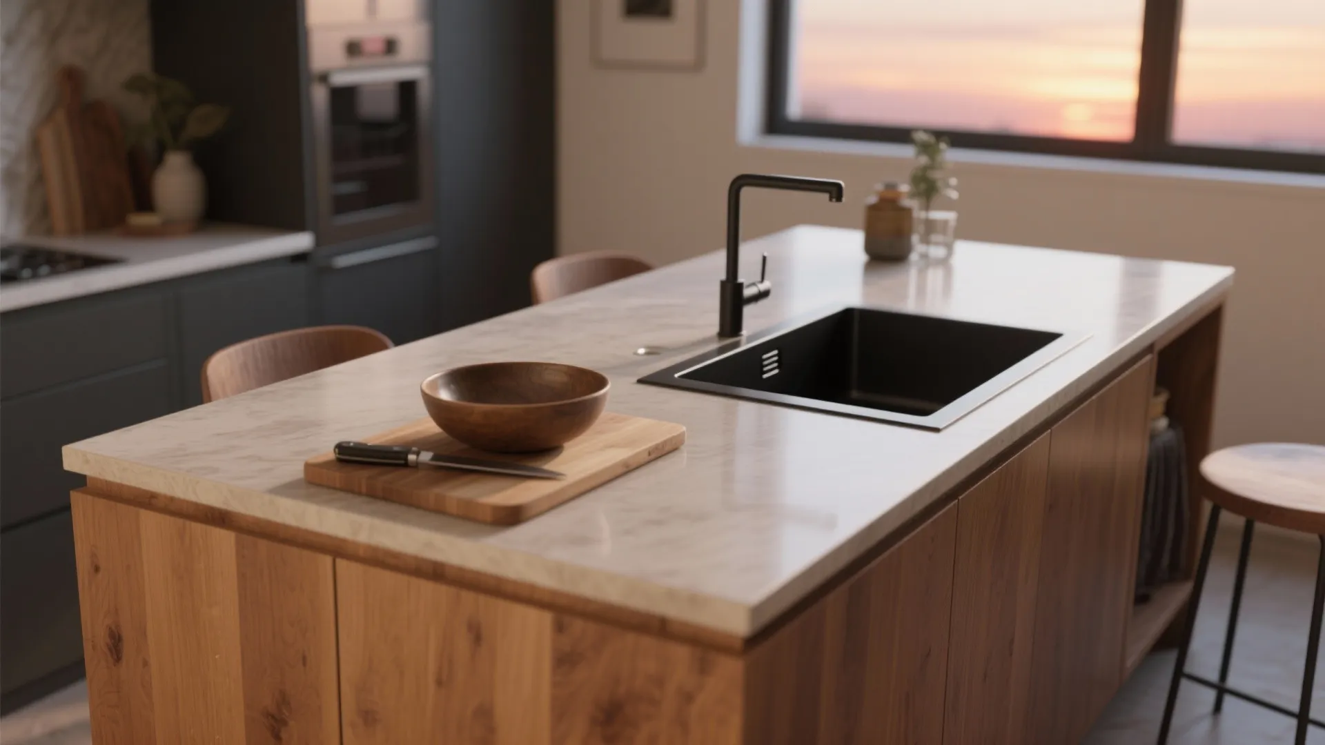 5. Minimalist island prep sink using a low-profile black drain