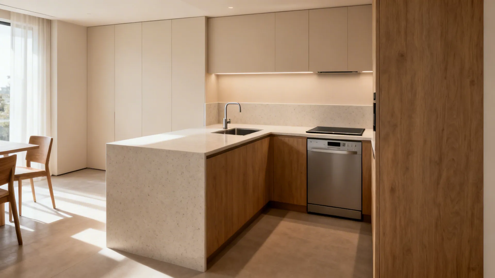 Small kitchen island with a compact prep sink, clear landing zones, and open sightlines.
