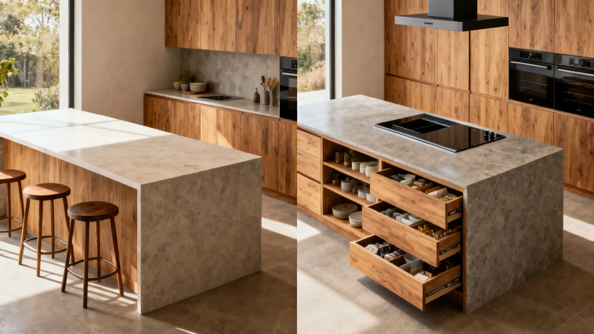 Comparison of a prep-and-seating island versus a cooktop island with downdraft.