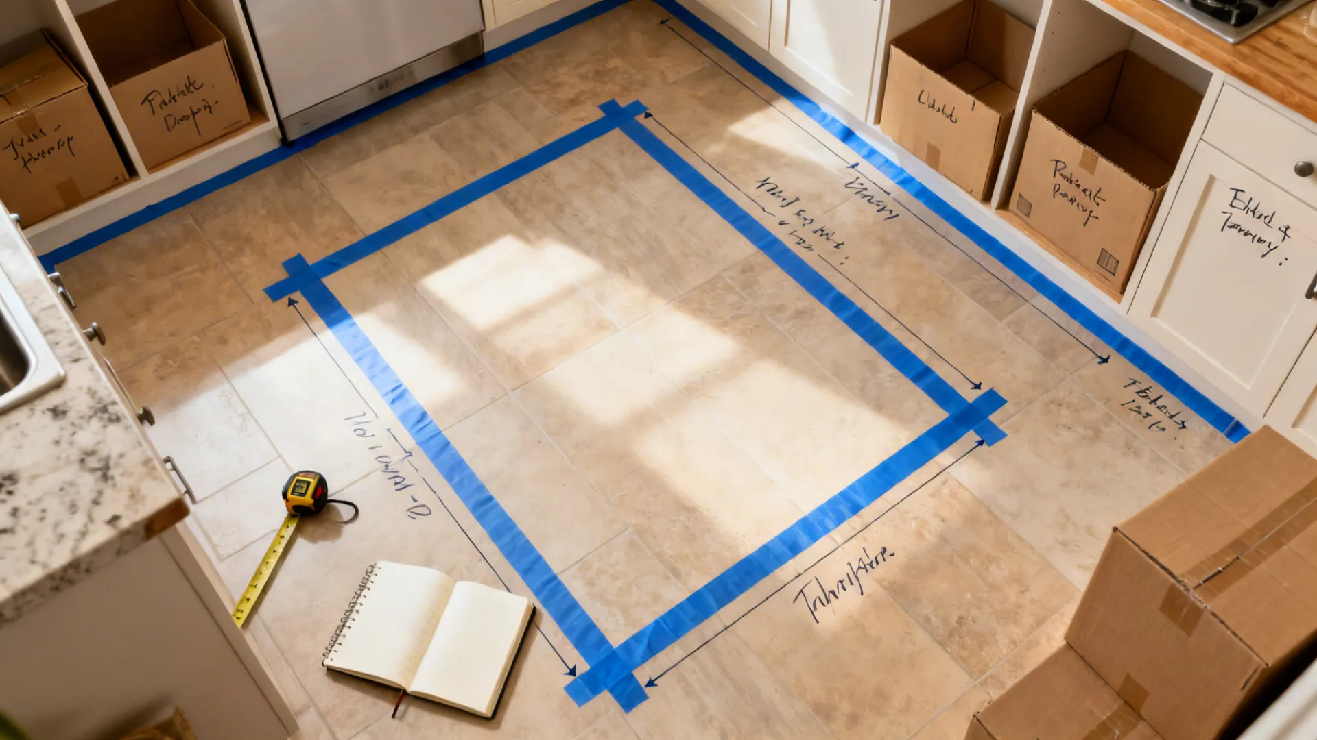 Top-down view of taped island footprint and cardboard mockups on a kitchen floor.
