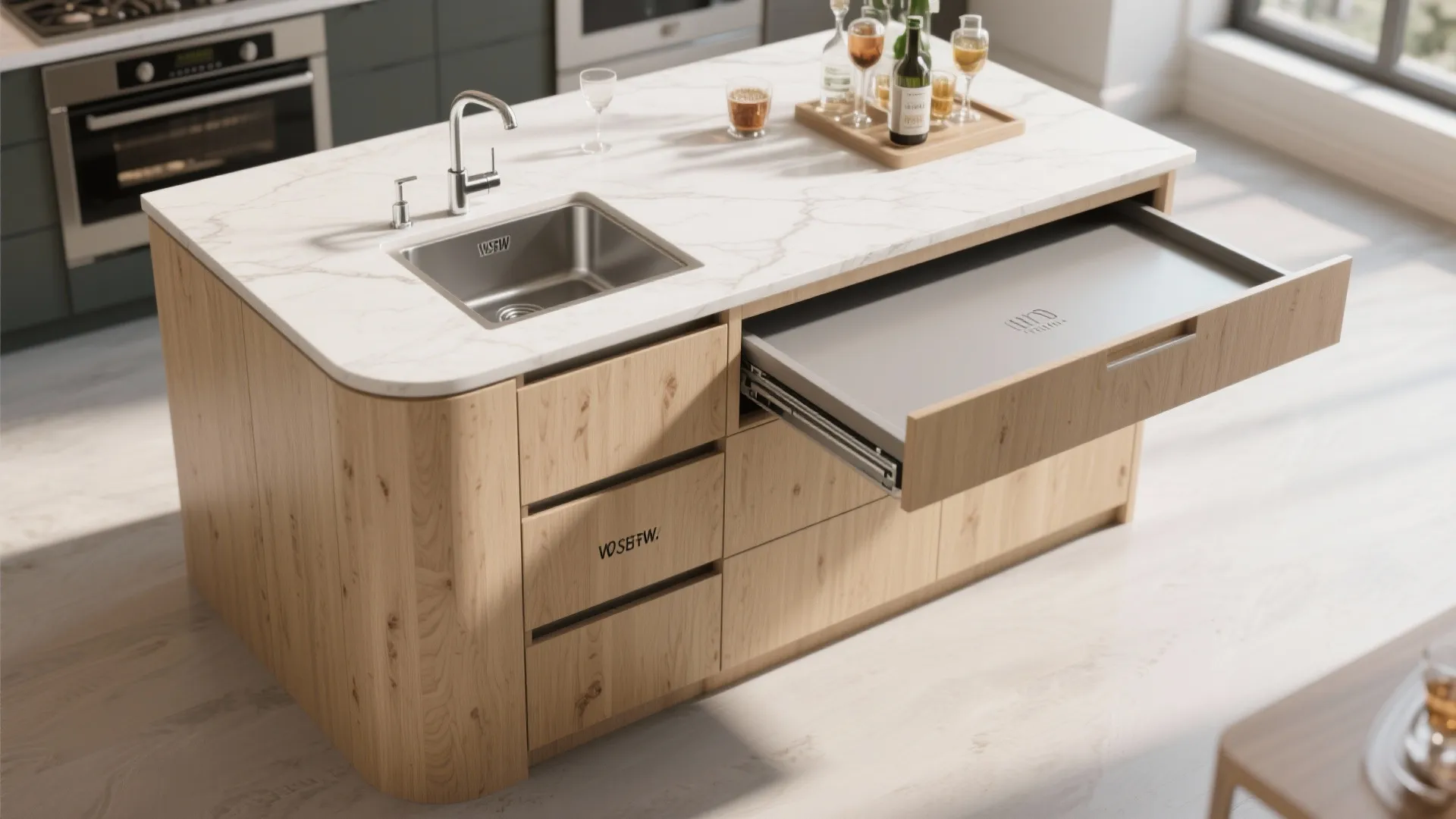 Wooden kitchen island with marble countertop featuring a small sink and an open pullout drawer