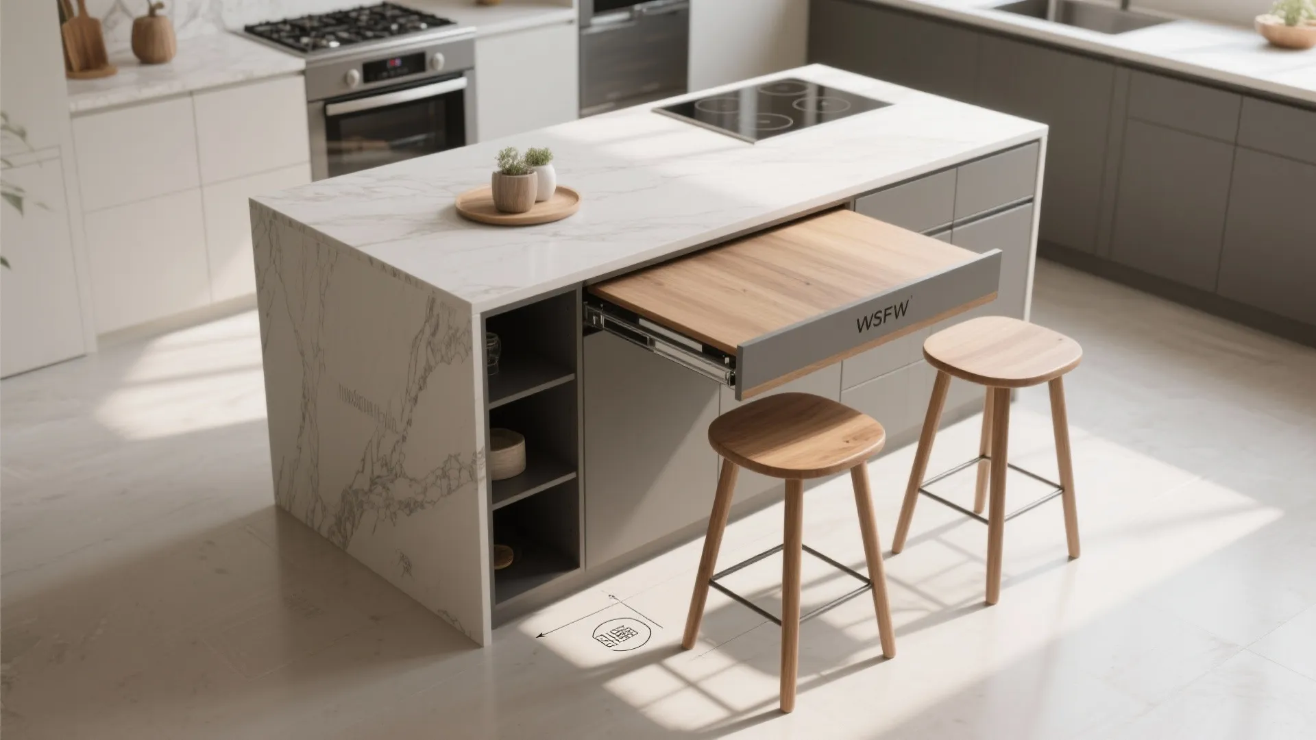 Modern kitchen island with marble countertop and a pull out wooden table with two stools