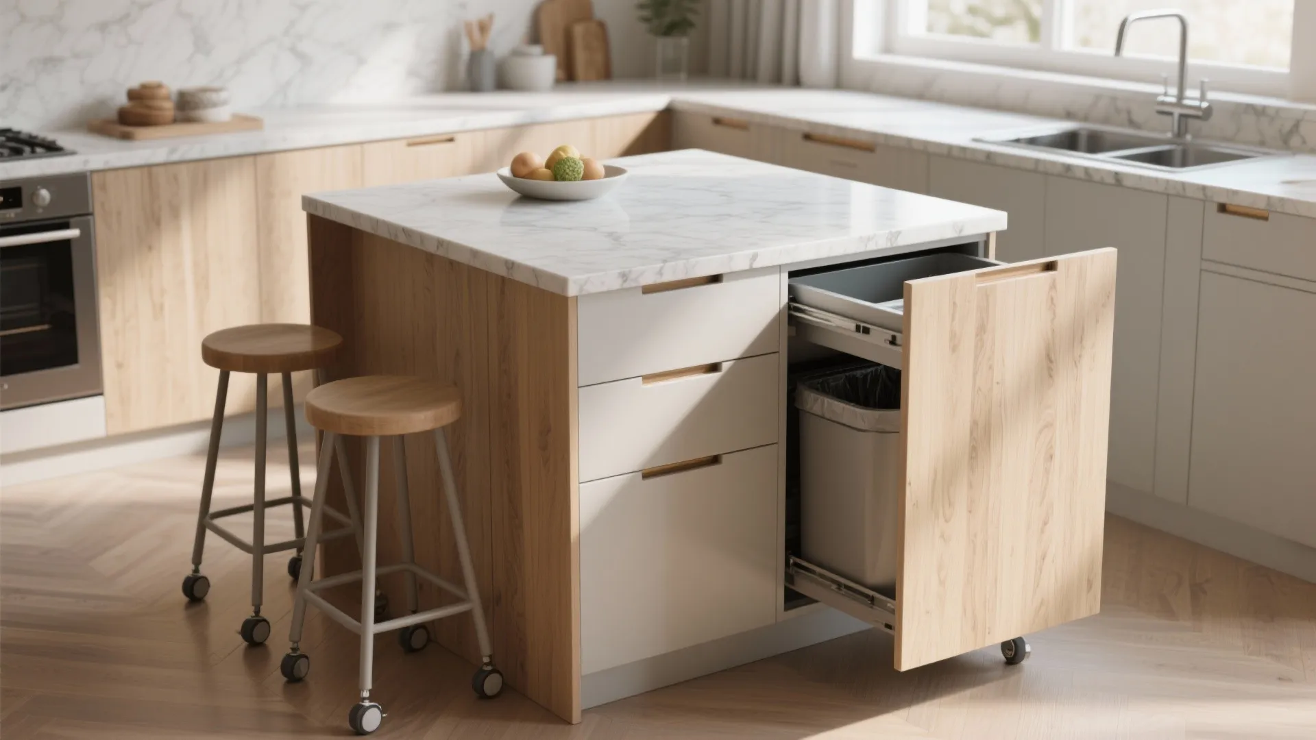 5. Multi-functional island with pull-out cabinets