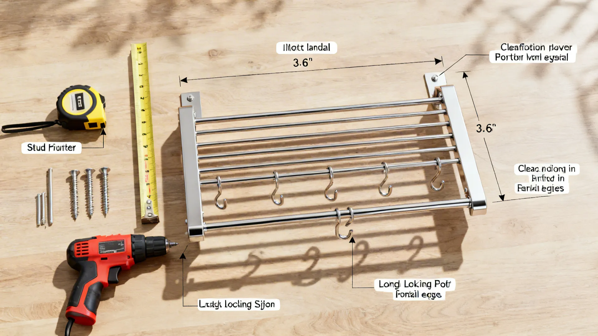 Top-down layout of tools and hardware for planning a ceiling pot rack over an island.