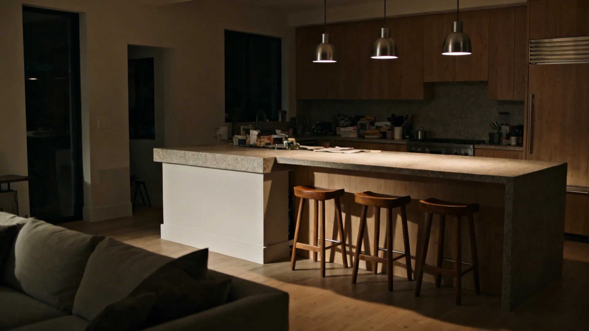 Two-tier island with a raised ledge hides kitchen clutter and focuses light on the prep zone.