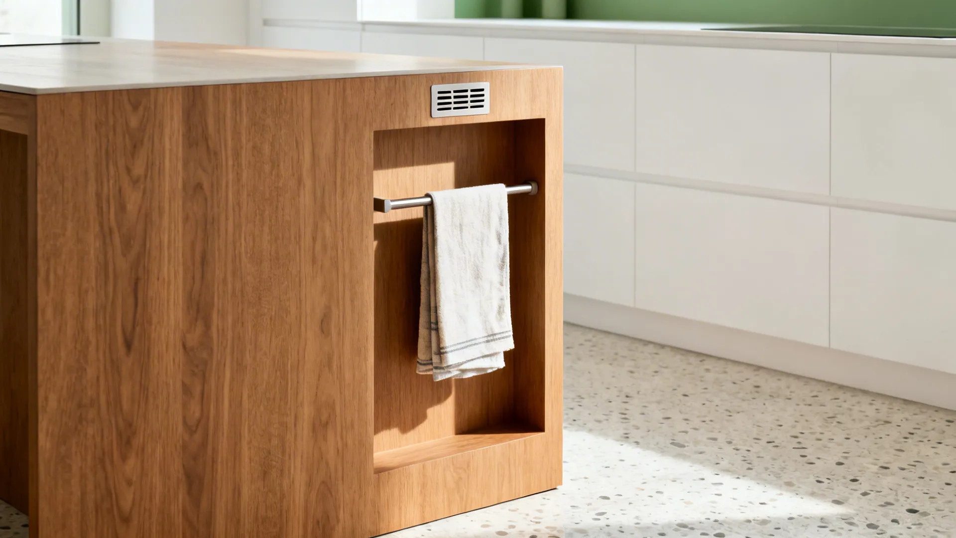 Recessed niche with hidden rail on a wood kitchen island end panel holding a tea towel.