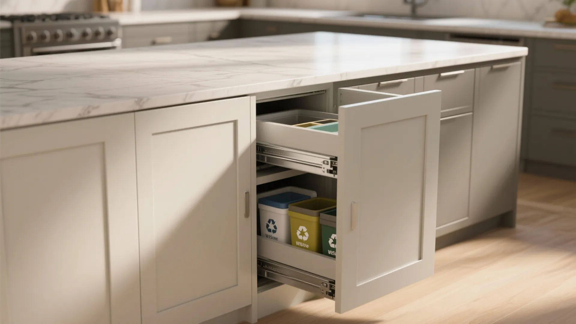 3. Recessed pocket doors for island storage