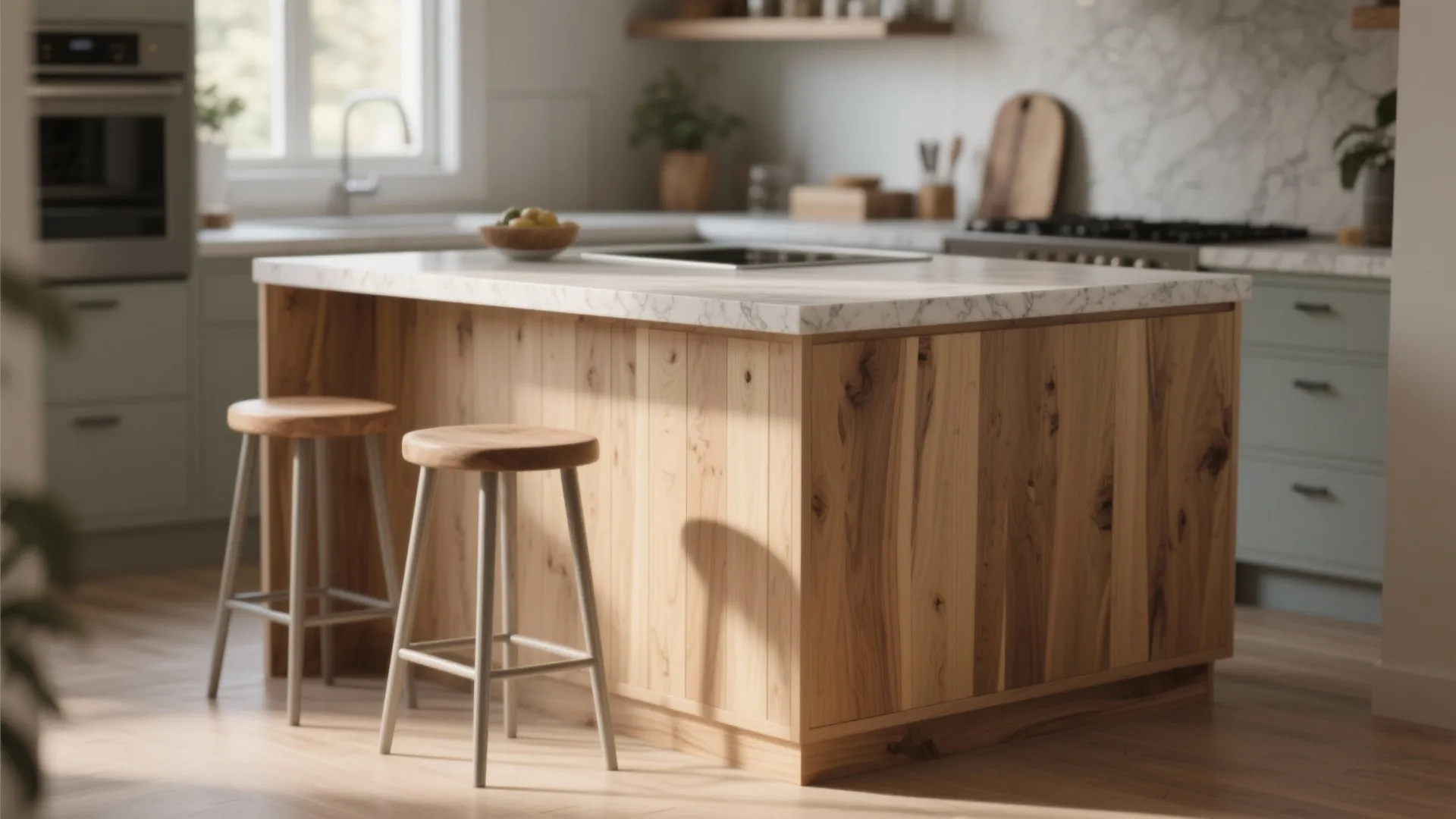 Modern kitchen with wood island, marble countertop, two wooden bar stools, and grey storage cabinets
