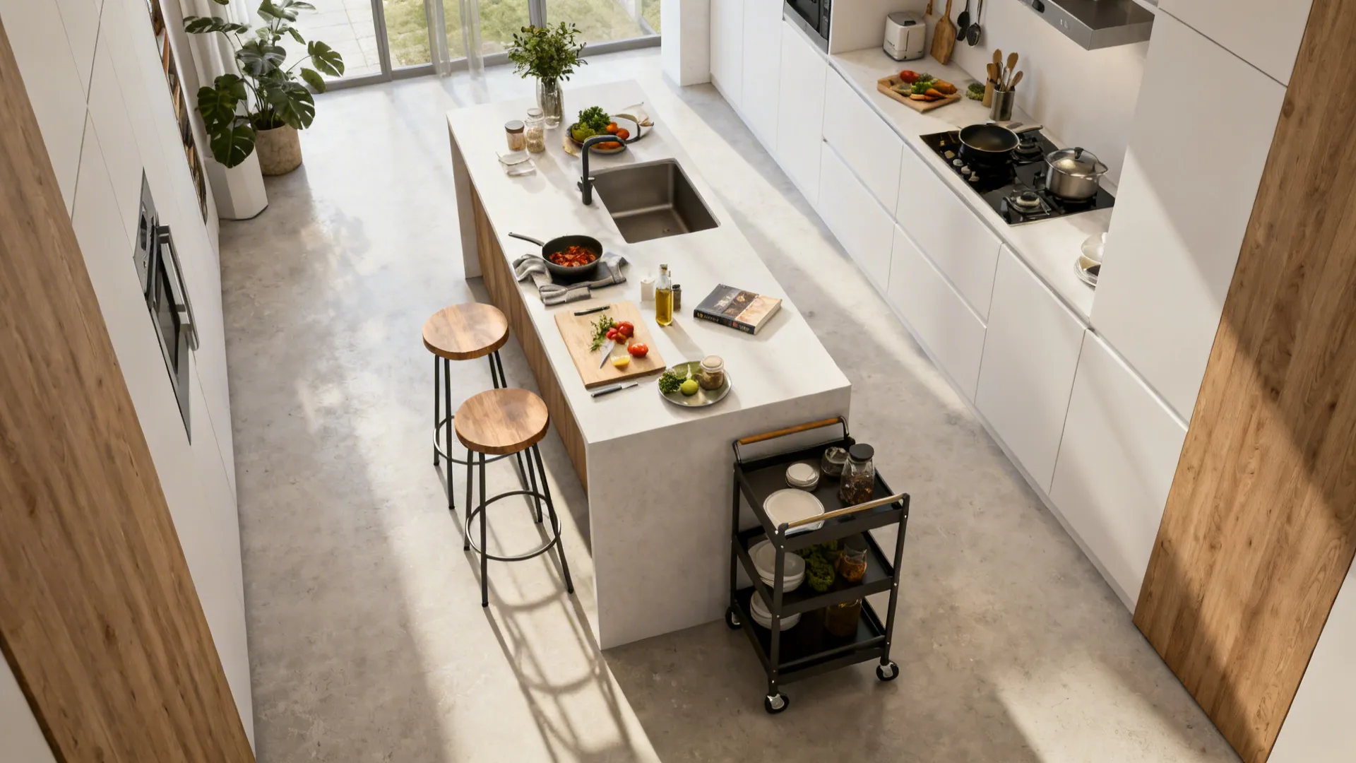 Top-down layout of a slim island and mobile cart in a narrow kitchen showing clear flow.