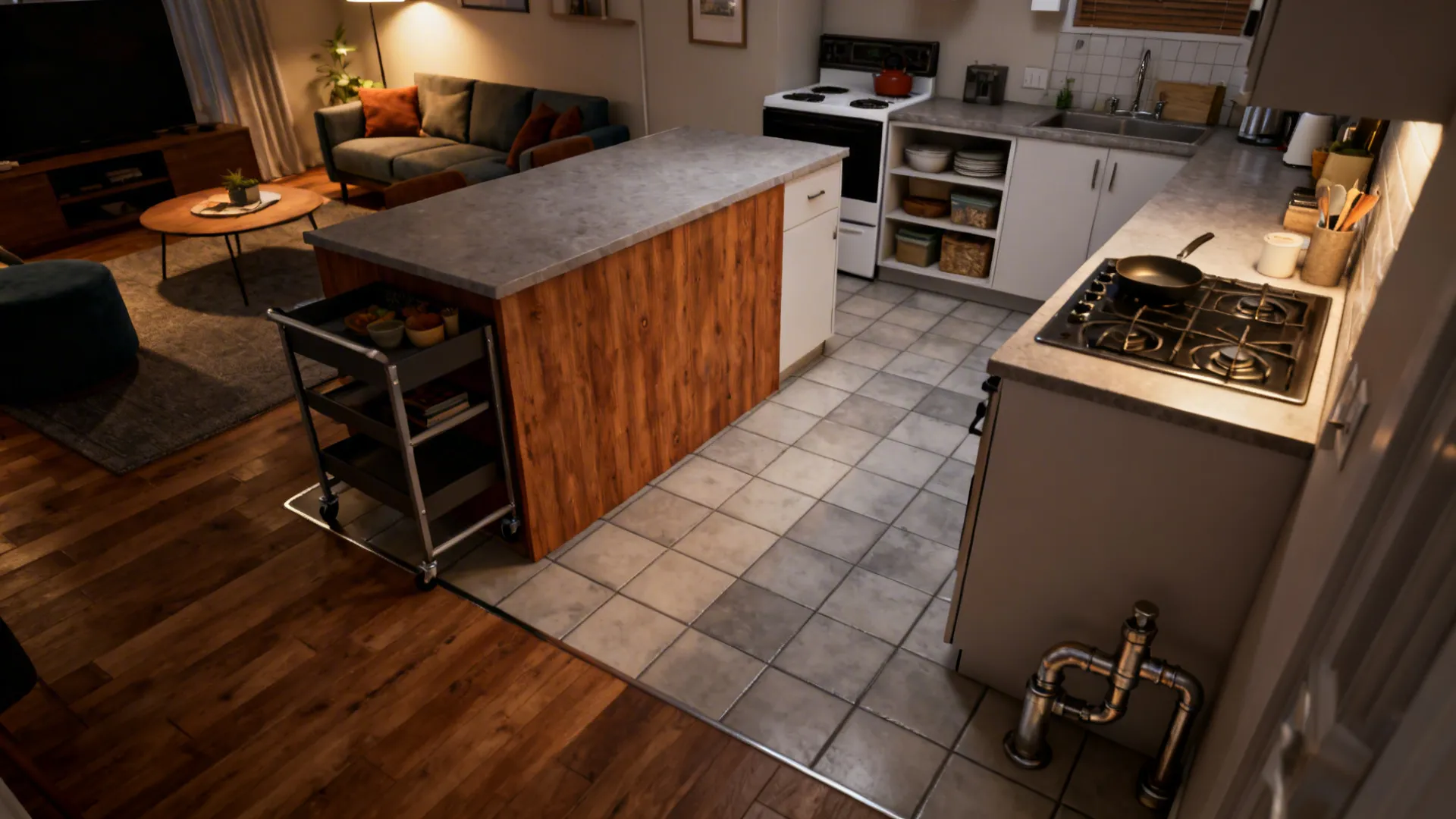 Small island serving as a room divider with seating on the living side in an open-plan apartment.