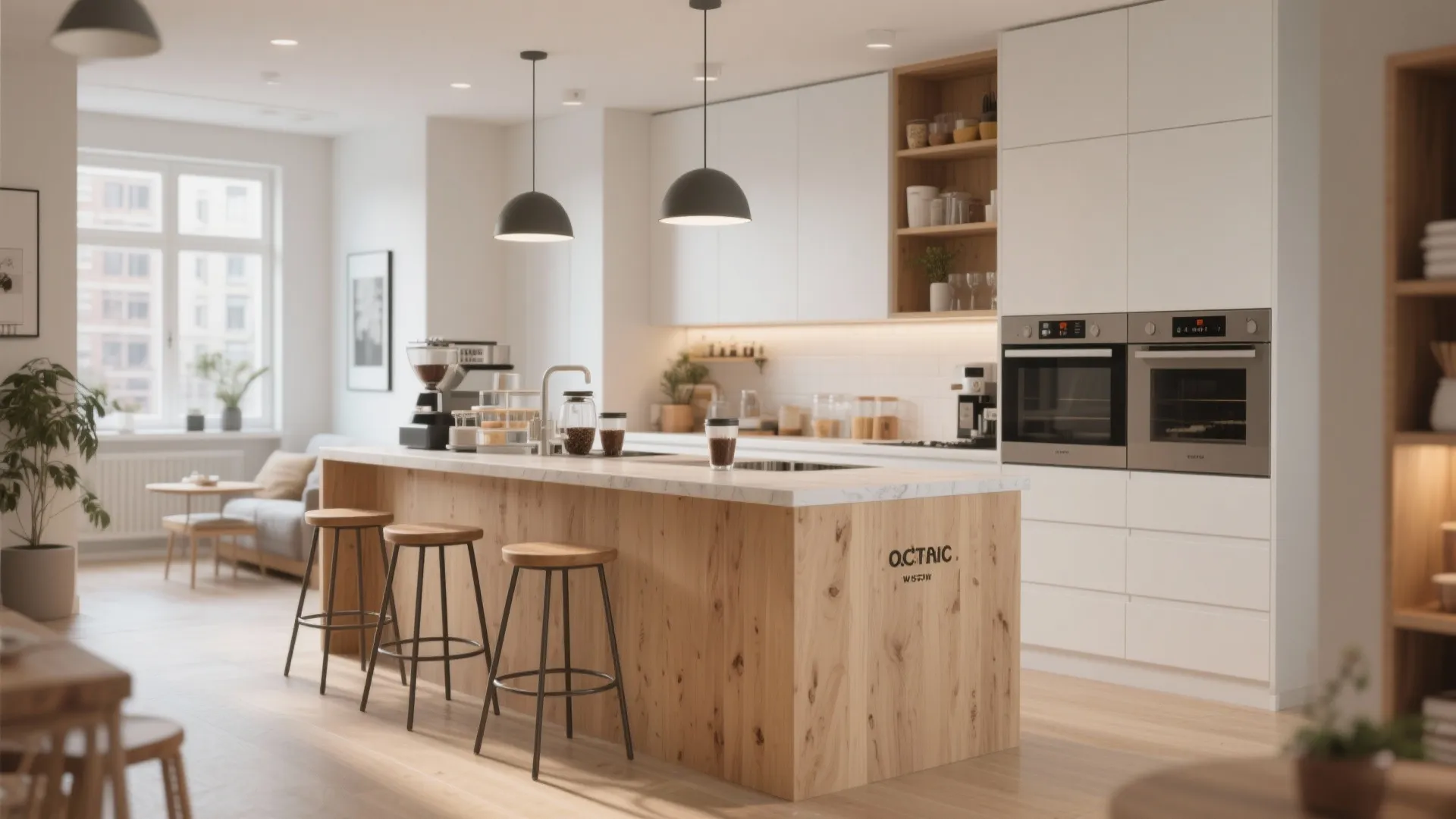 Kitchen island with built-in bar seating in small apartment