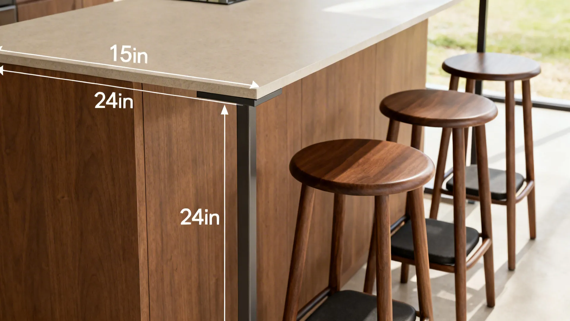 Detail of island overhang, slim brackets, and well-spaced stools for comfort.