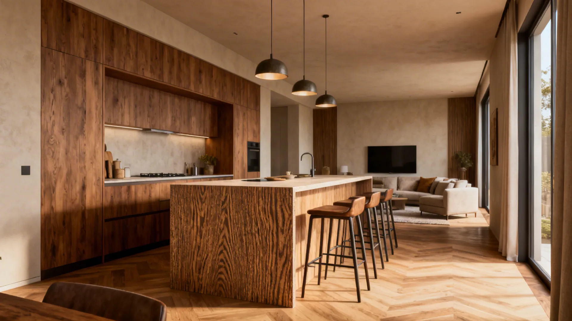 Slim kitchen island with seating that defines the kitchen and creates a social hub.