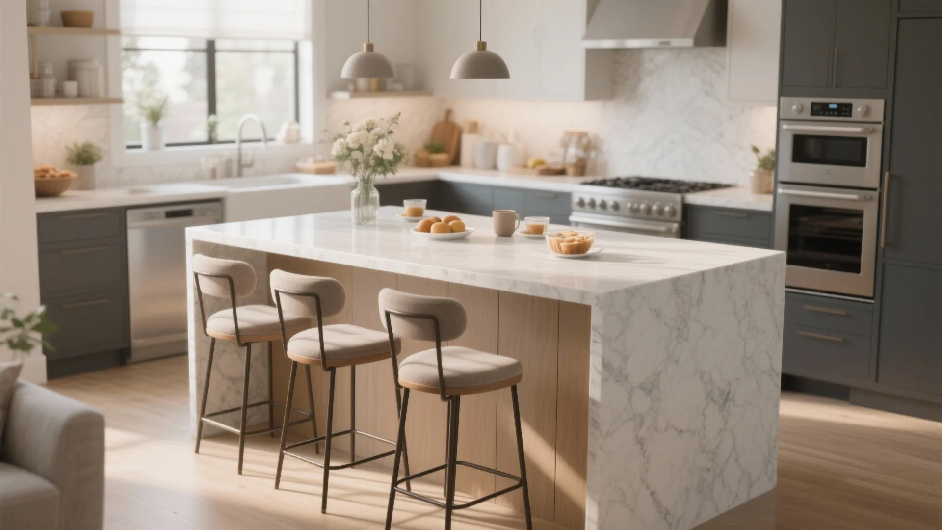 Large marble kitchen island with three bar stools and two grey hanging ceiling light fixtures