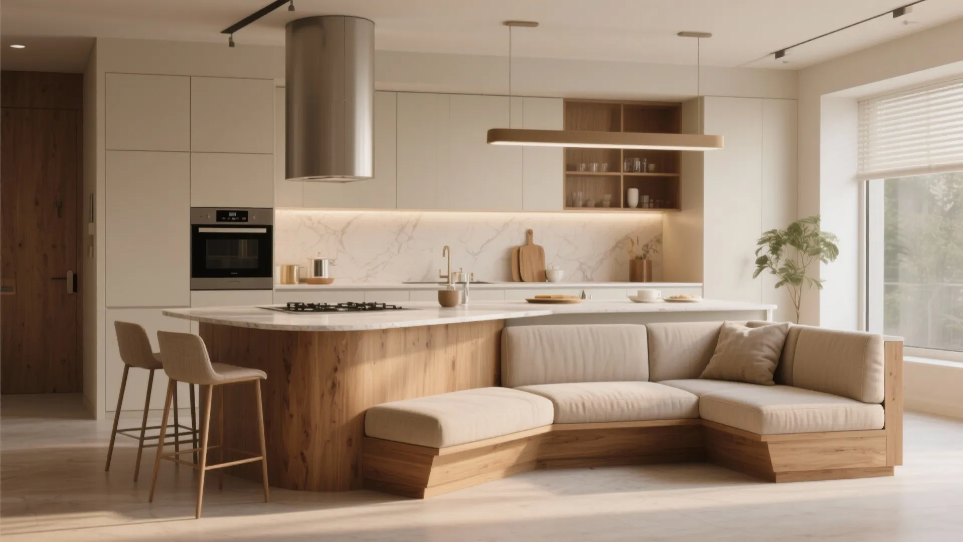 Modern kitchen island featuring a built in wooden sofa with beige cushions and bar stools