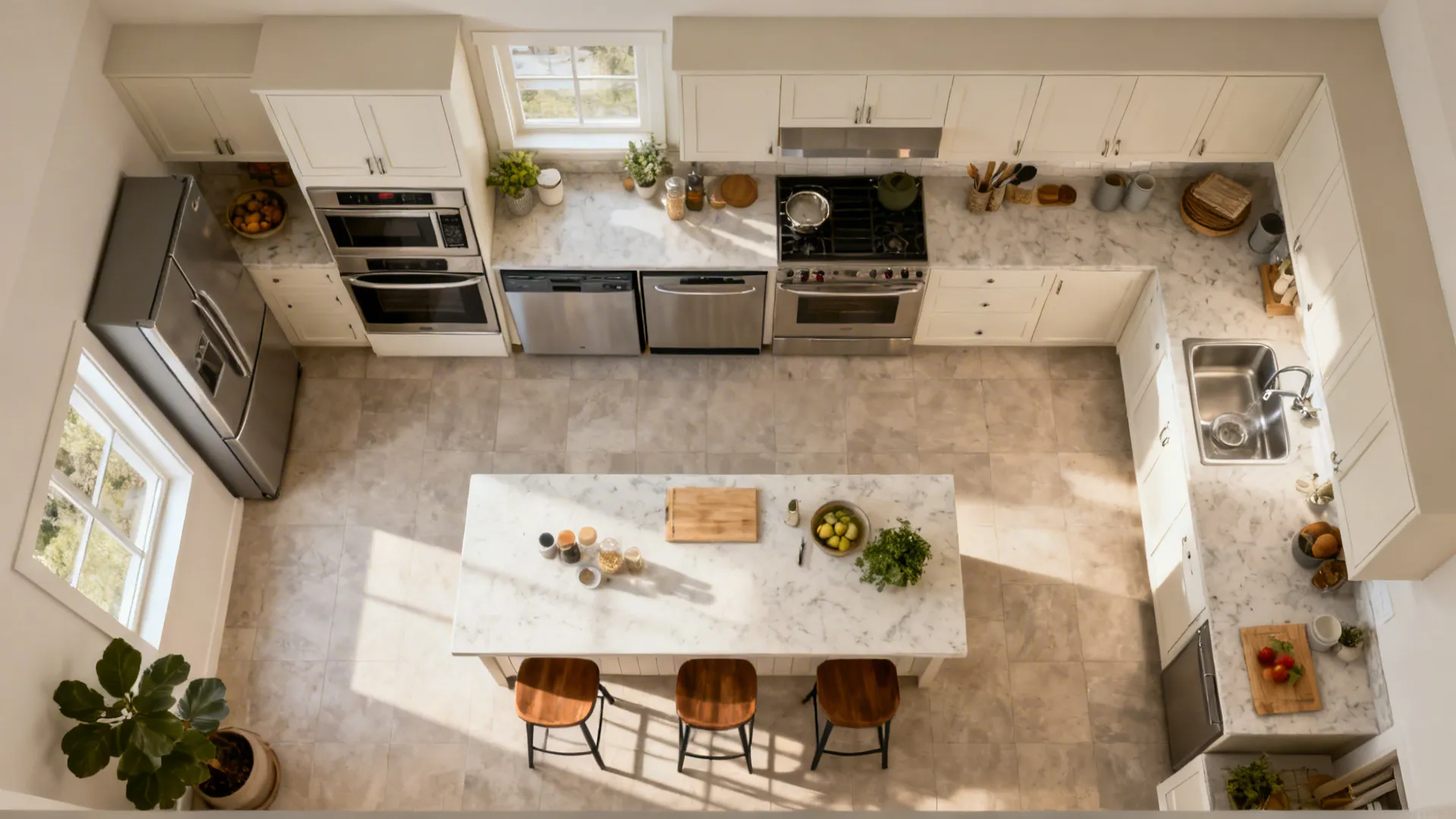 Top-down compact kitchen plan showing island clearances, seating space, and appliance swing arcs.