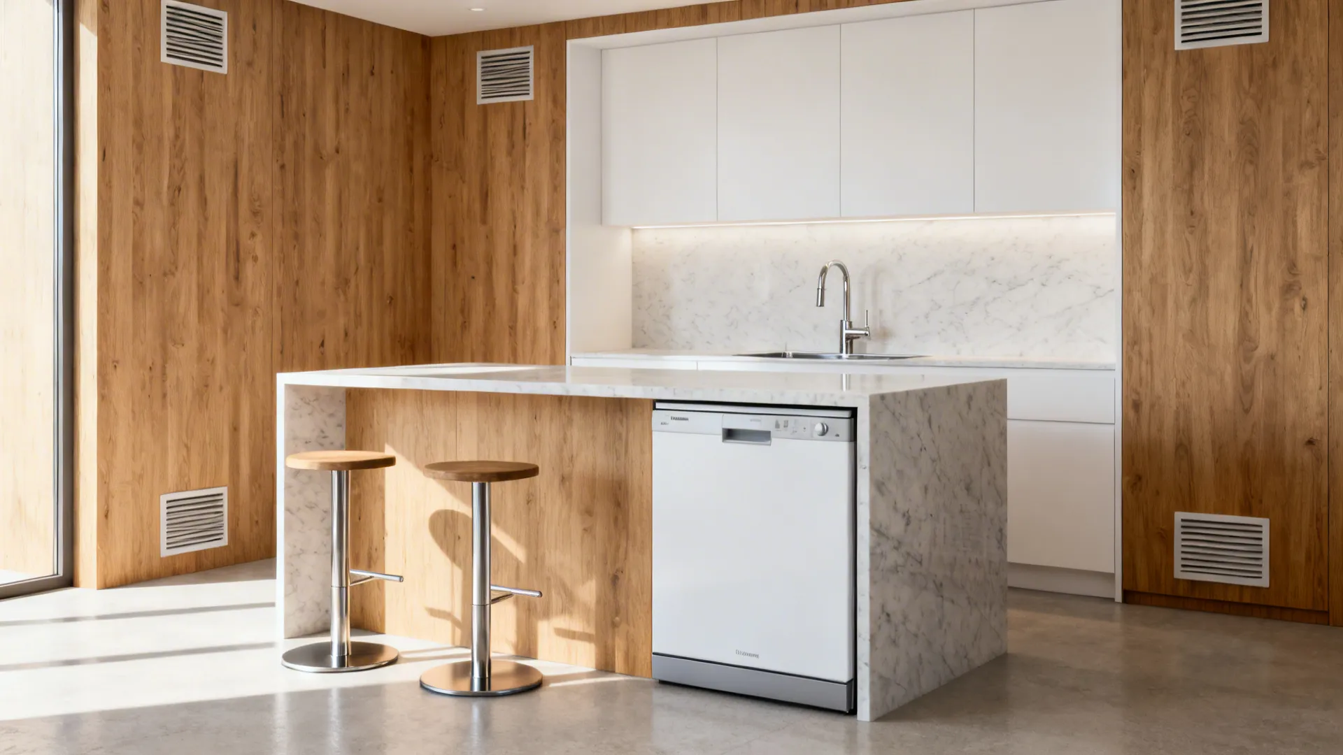 Modern kitchen featuring wood walls, marble island, white dishwasher, two stools, and white wall cabinets