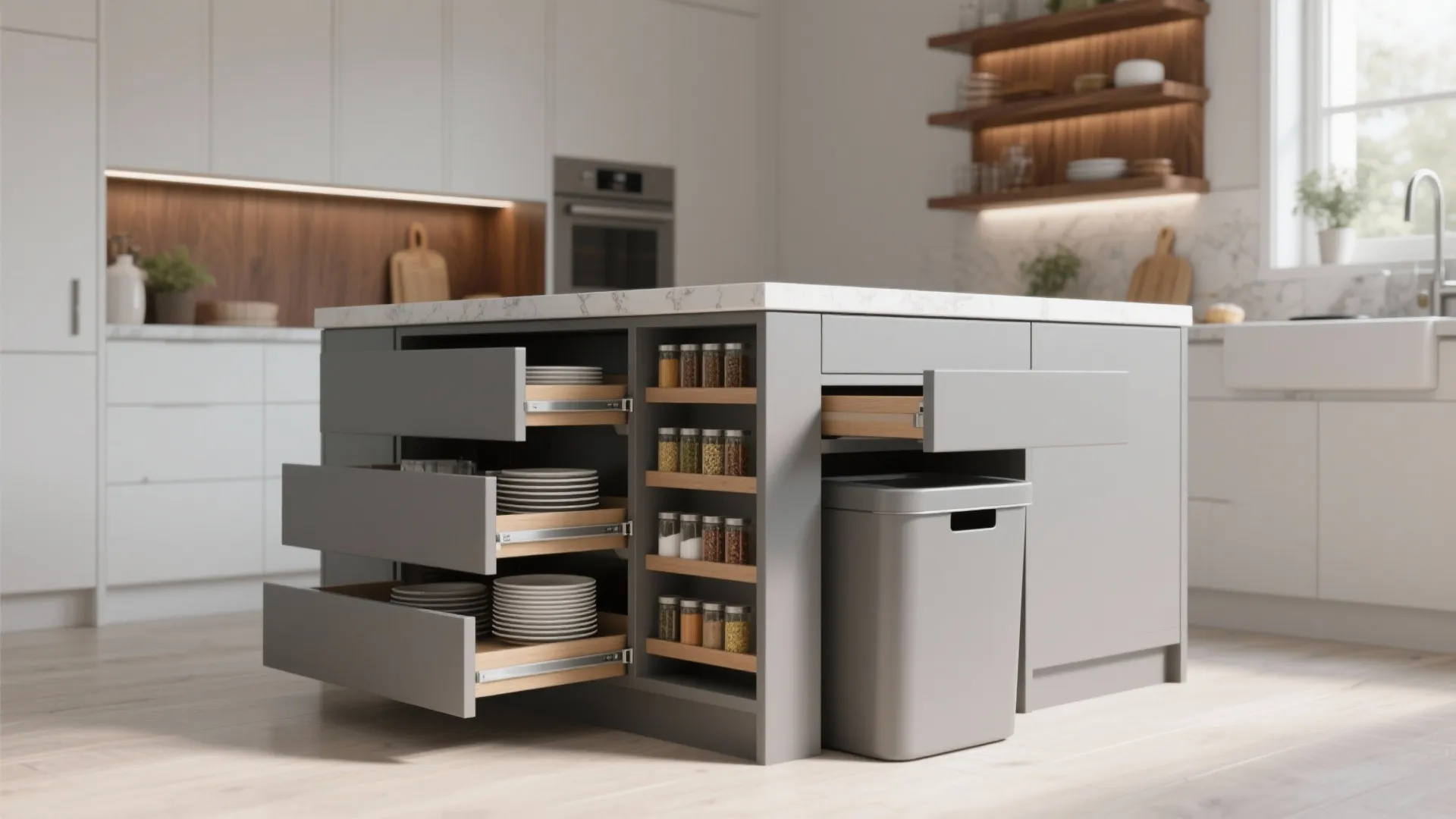 Gray kitchen island with open drawers, pull-out pantry and vertical spice rack showing integrated smart storage.
