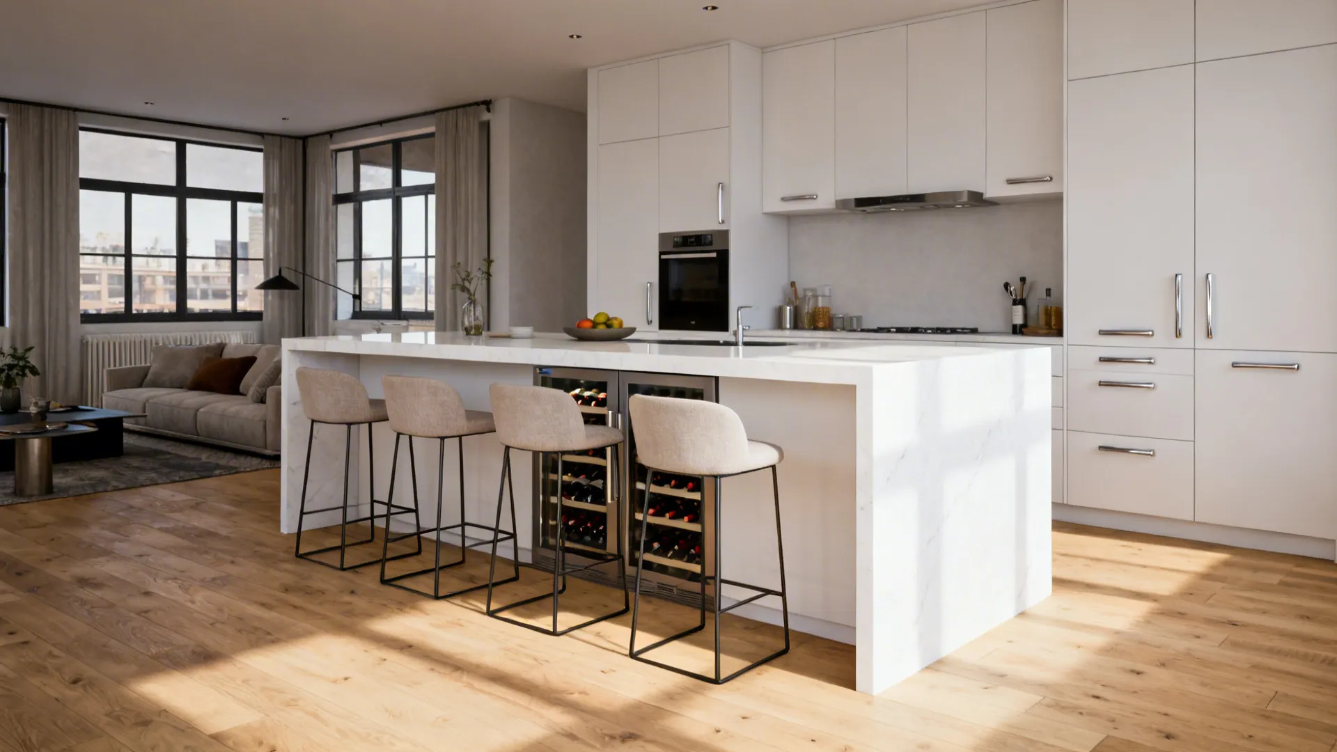Compact loft kitchen with a waterfall island and counter seating creating a social divider.