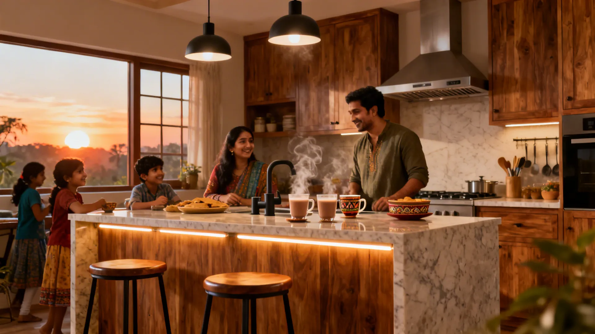 Family gathered around a kitchen island with stone top wooden cabinets and warm sunset window view