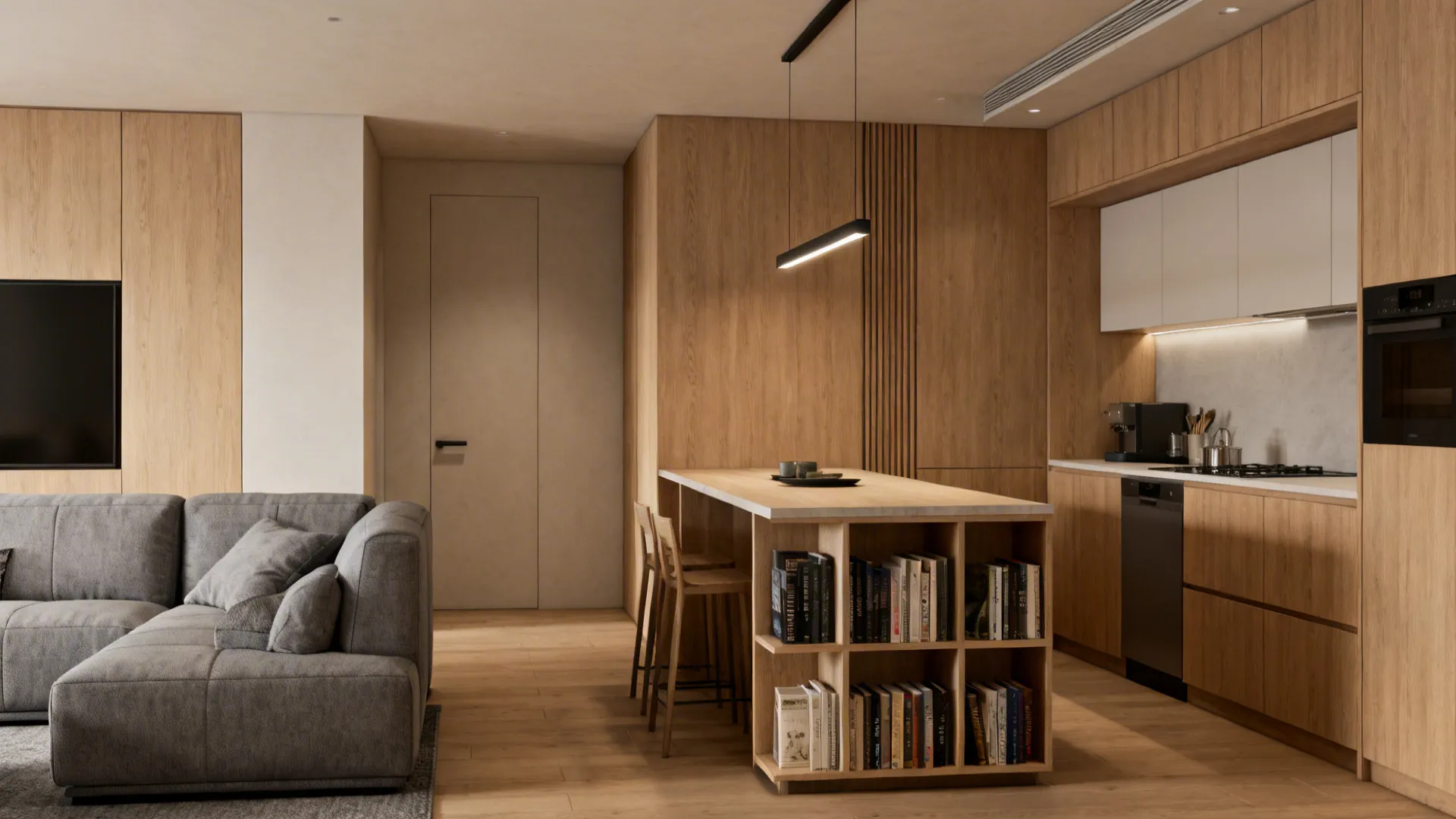 2. Multi-purpose island that doubles as a sofa table