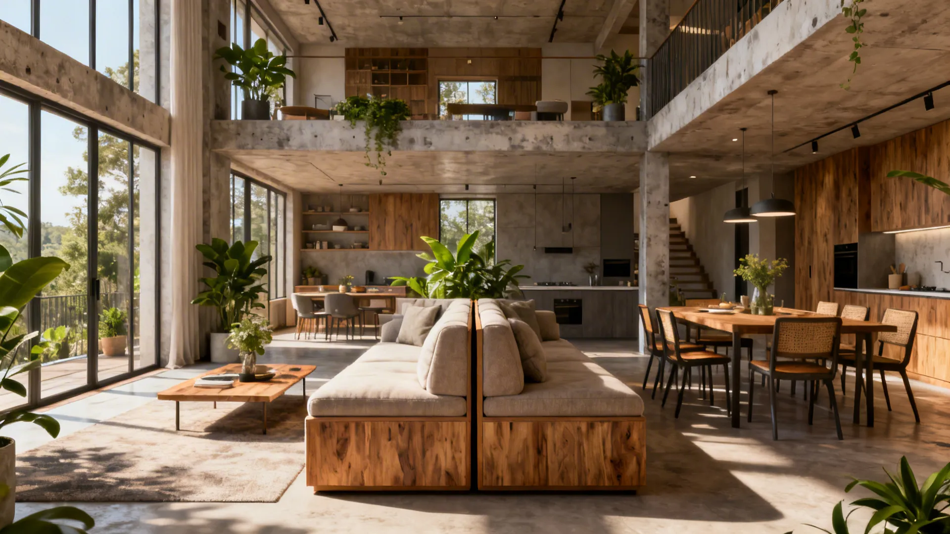 Modular island sofa used as a stylish room divider in an open-plan loft.