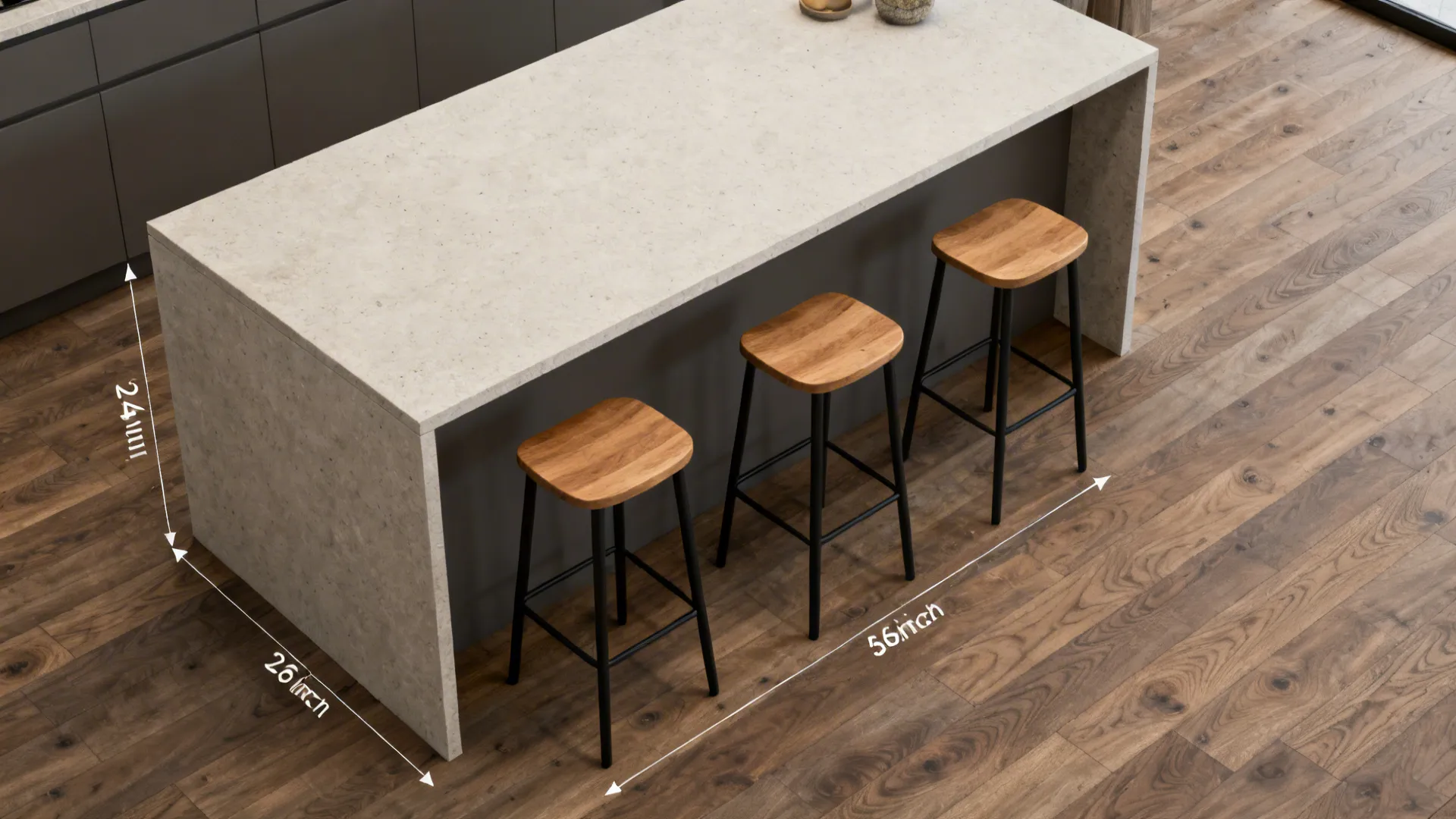 Top-down view of three slim stools evenly spaced at a 72-inch island with clear walkways.