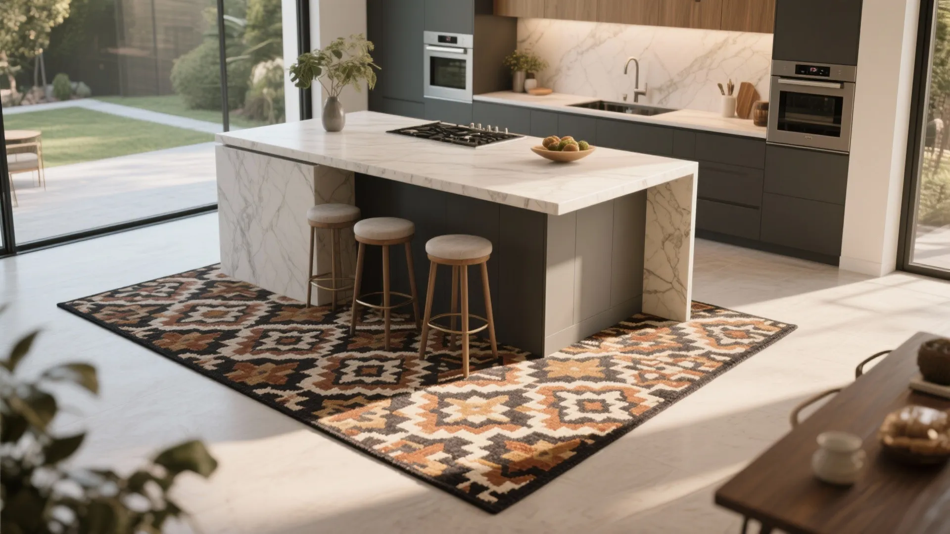 Modern kitchen with marble island stools and patterned rug on a light wood floor background