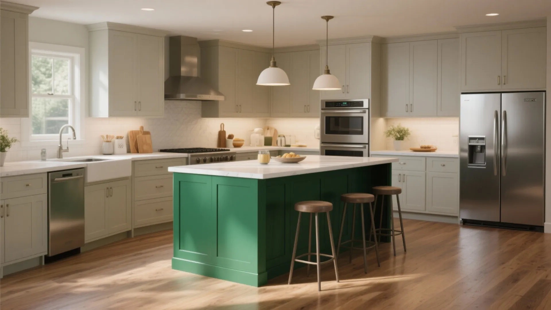 Modern kitchen with green island three wooden stools white cabinets stainless steel fridge and ceiling lights