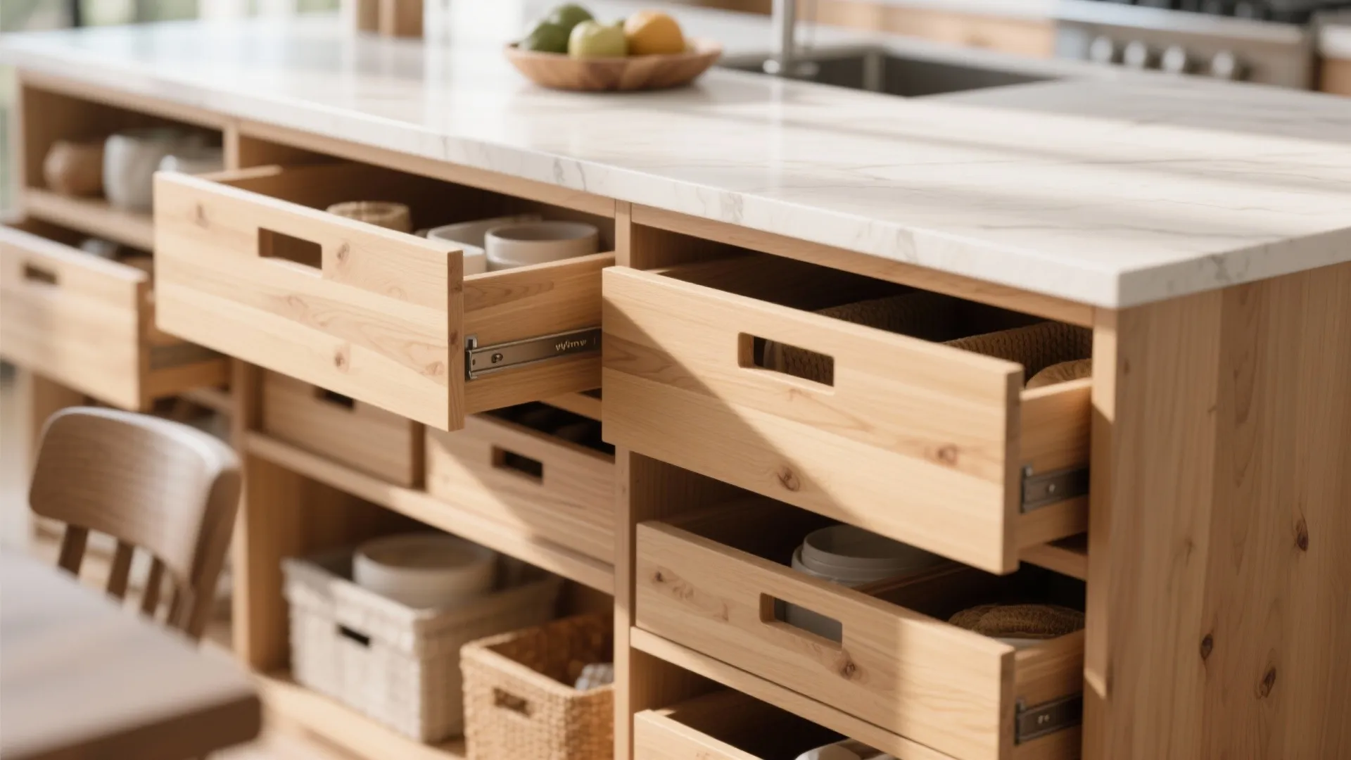 Close up of open wooden drawers in a kitchen island with white marble top storage