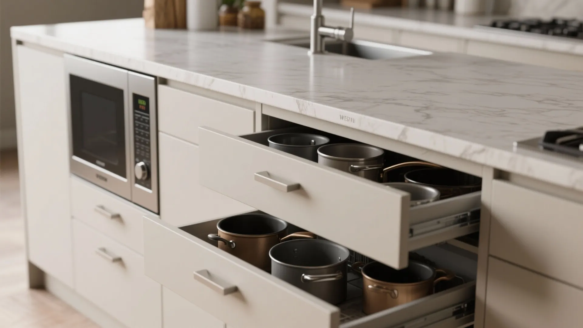 3. Island with integrated storage & appliances