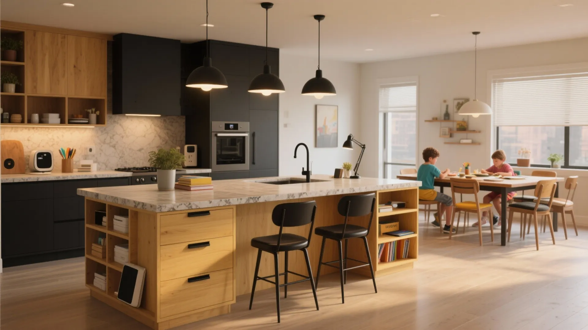 5. Shared island-style table with storage and lighting