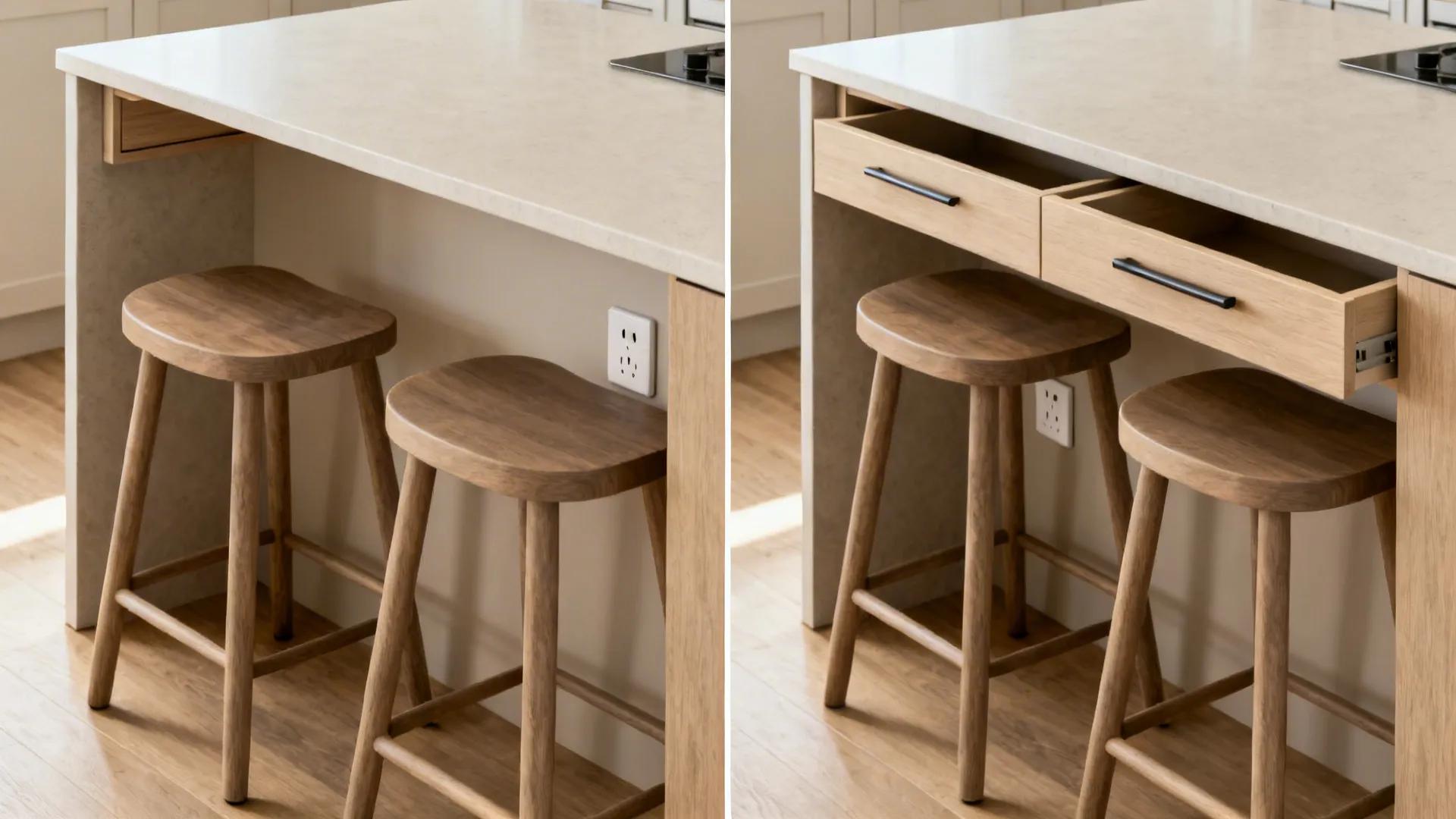 Before-and-after comparison showing an island overhang updated with shallow drawers behind stools.