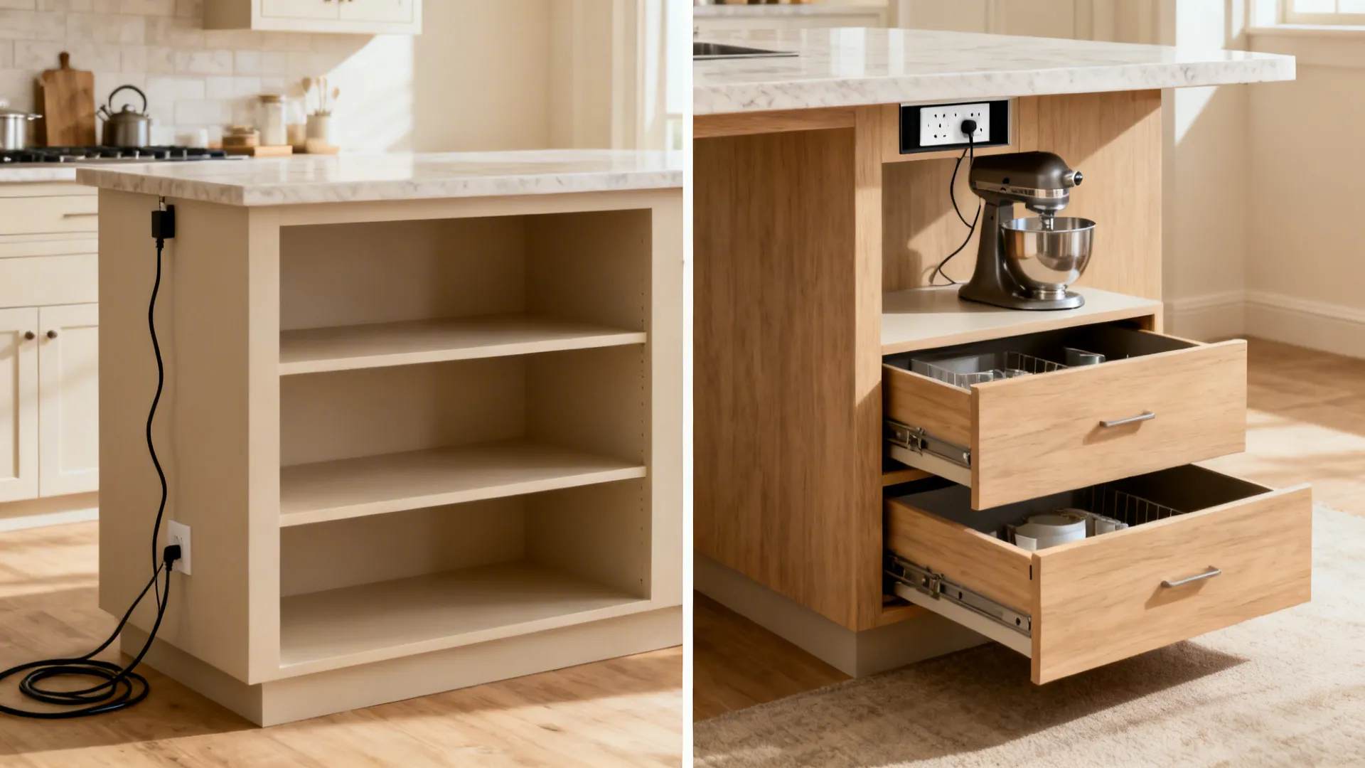 Before and after island showing upgrade to deep drawers, mixer lift, and pop-up power.