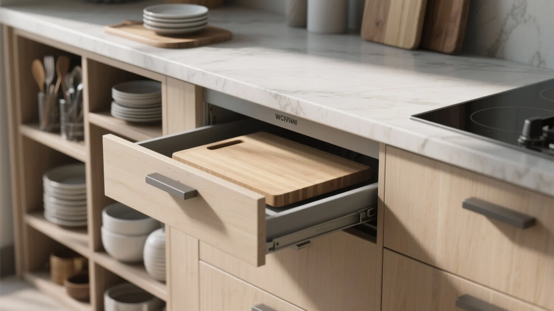 Close up of an open wooden kitchen cabinet drawer holding a cutting board near some plates