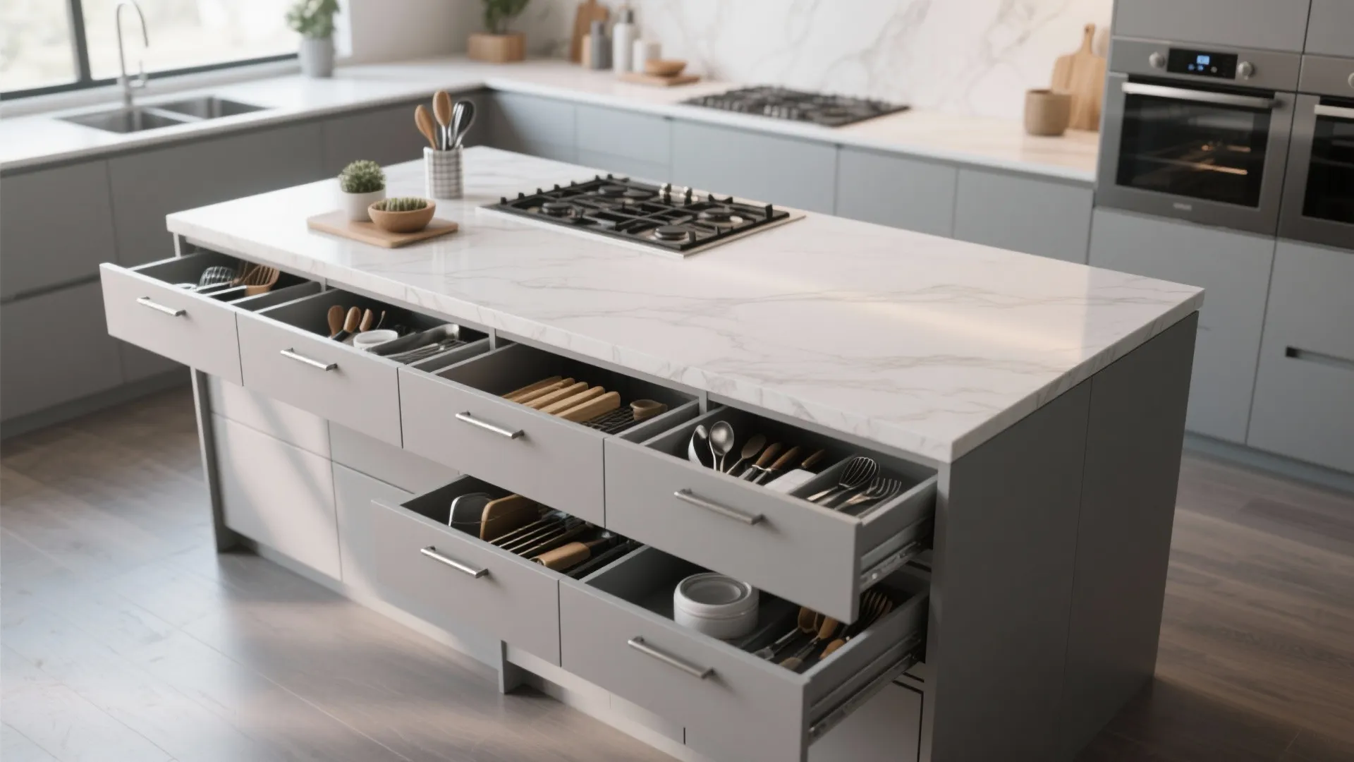 Modern grey kitchen island with open drawers showing organized cutlery storage and white marble countertop surface